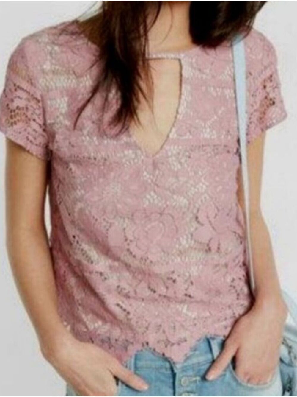 Express Mauve Purple Lace Overlay Peekaboo Neckline Short Sleeve Top
